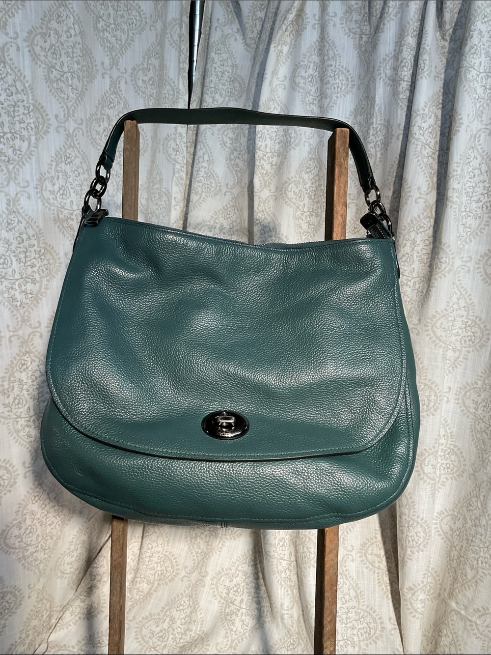 Coach Teal Leather Shoulder Bag with Turn-Lock